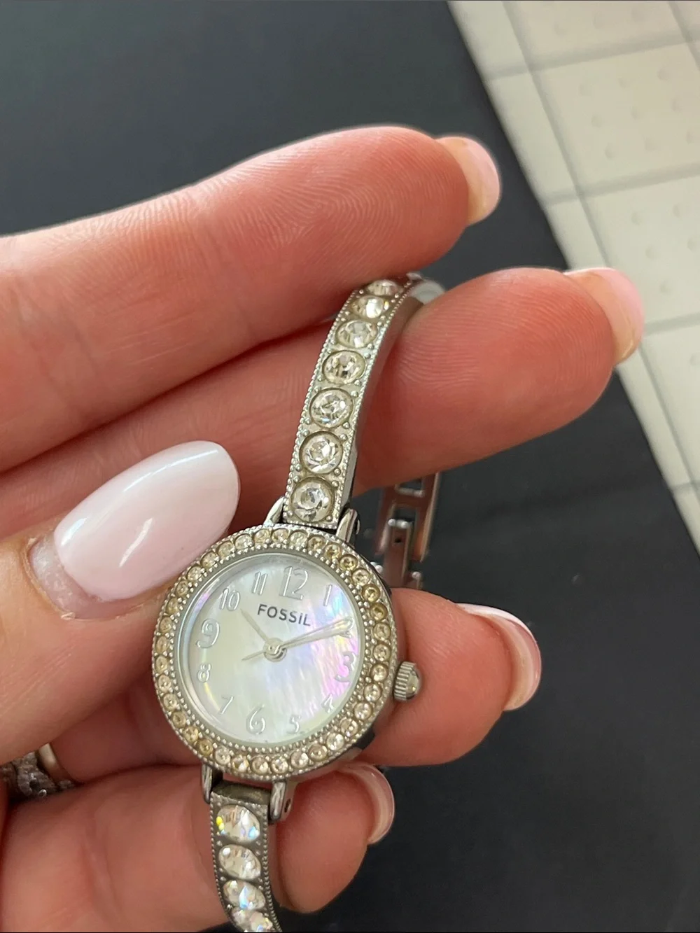 Fossil F2 Silver Crystal Bangle Watch with Mother-of-Pearl Dial ES-1636